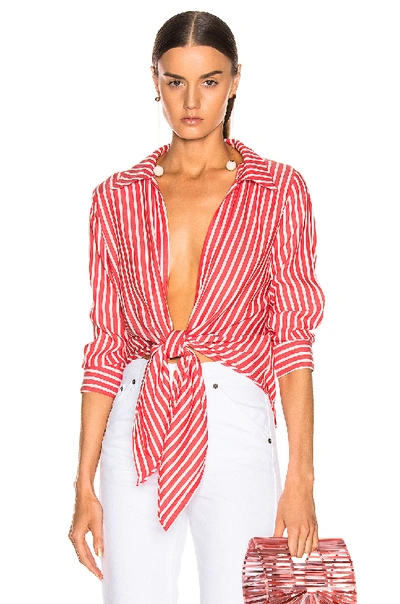 Shop Adriana Degreas Front Knot Shirt In Red,stripes In Red & White