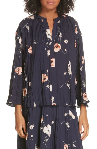Shop Vince Tossed Poppy Pleated Blouse In Marine