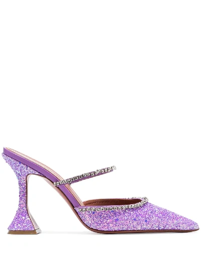 Shop Amina Muaddi Gilda 95 Glitter Mules - Purple