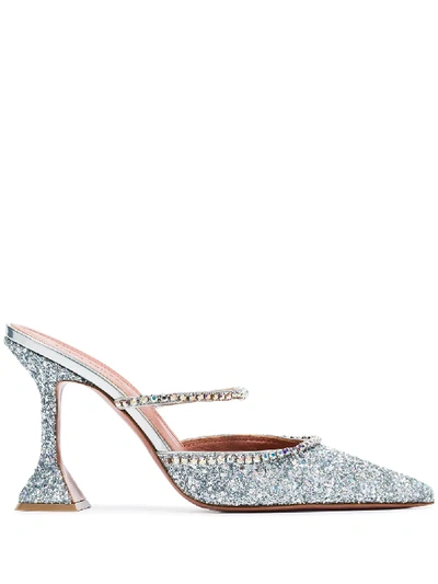 Shop Amina Muaddi Silver Gilda 95 Glitter Mules