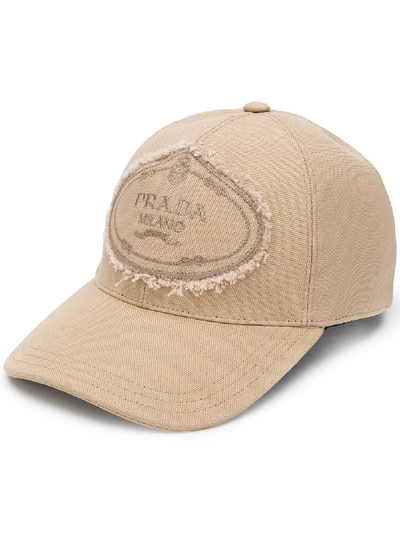 Shop Prada Fringed Logo Patch Cap - Neutrals