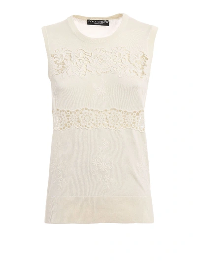 Shop Dolce & Gabbana Lace Trimmed Knitted Top In Bianco Naturale