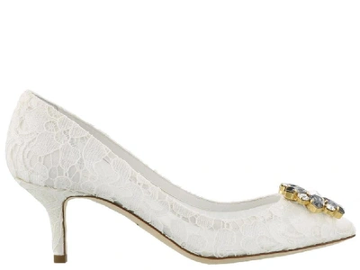 Shop Dolce & Gabbana Bellucci Embellished Lace Pumps In White