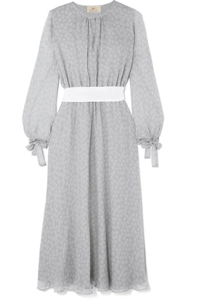 Shop Aross Girl X Soler Amanda Belted Floral-print Silk-georgette Midi Dress In Gray