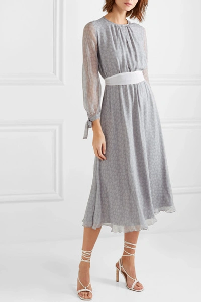 Shop Aross Girl X Soler Amanda Belted Floral-print Silk-georgette Midi Dress In Gray