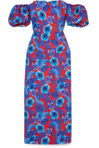 Shop Borgo De Nor Adelita Off-the-shoulder Floral-print Cotton-poplin Dress In Blue