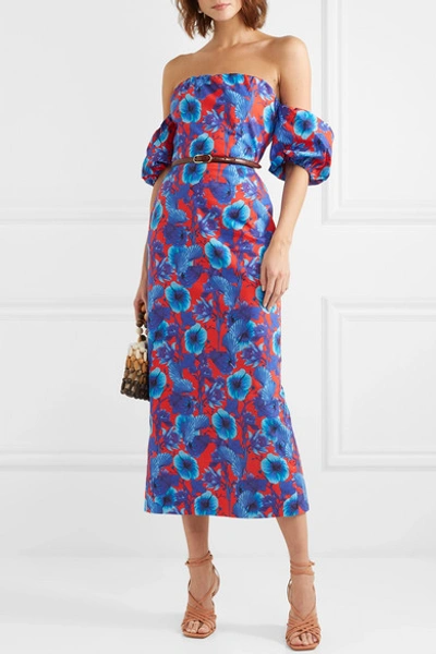 Shop Borgo De Nor Adelita Off-the-shoulder Floral-print Cotton-poplin Dress In Blue