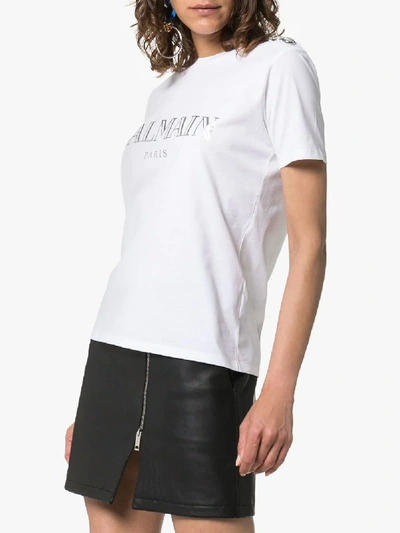 Shop Balmain Logo Print Button Detail Cotton T-shirt In Gac White