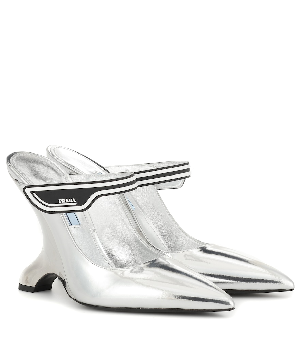 Prada Metallic Leather Mules In Silver 