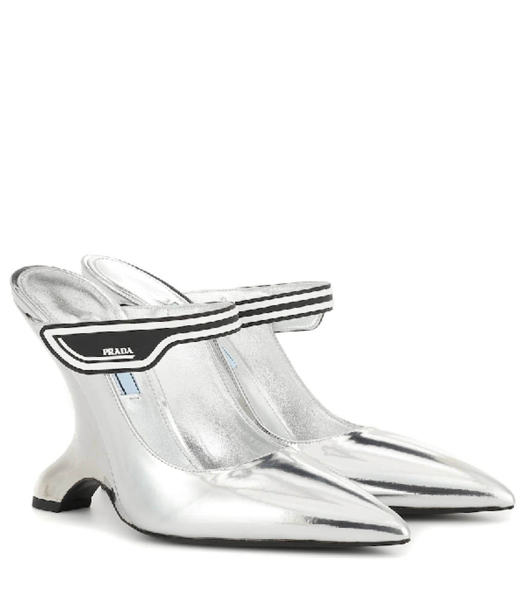 Prada Metallic Leather Mules In Silver ModeSens