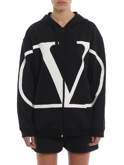 Shop Valentino Logo Print Zip Hoodie In Ni Nero/bianco