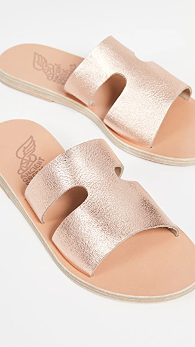 Shop Ancient Greek Sandals Apteros Slide Sandals In Pink Metal/sand