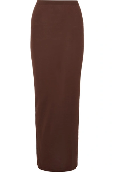 Shop Rick Owens Gonna Ruched Silk-blend Maxi Skirt In Brown