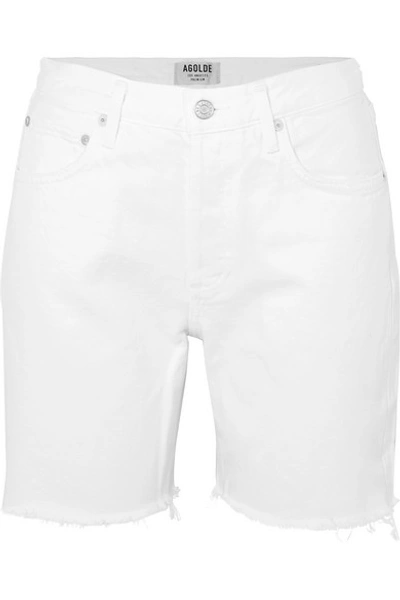 Shop Agolde Rumi Frayed Denim Shorts In White