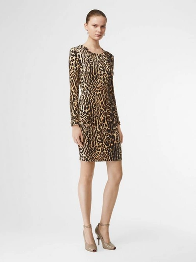 Shop Burberry Leopard Print Stretch Jersey Mini Dress In Camel