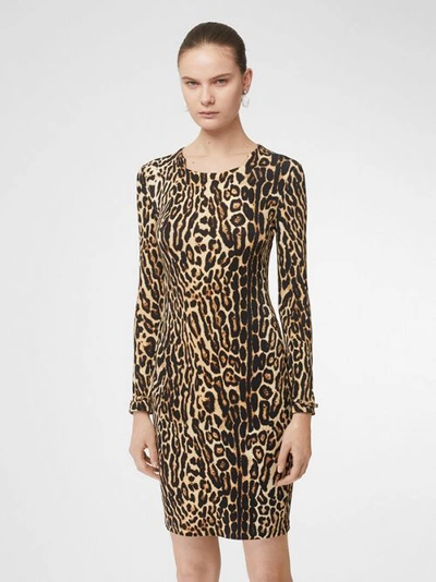 Shop Burberry Leopard Print Stretch Jersey Mini Dress In Camel