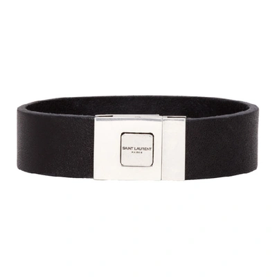 Shop Saint Laurent Black Leather Logo Bracelet In 1000 Black