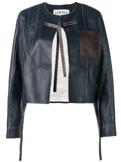 Shop Loewe Tie Fastening Leather Jacket - Blue
