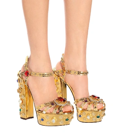 Shop Dolce & Gabbana Embellished Leather Plateau Sandals In Gold