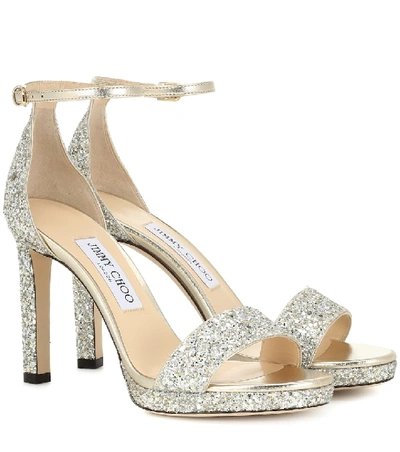 Shop Jimmy Choo Misty 100 Glitter Sandals In Silver