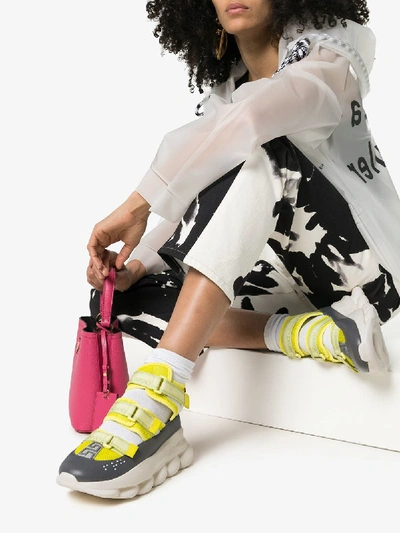Shop Versace Lime Green Chain Reaction High Top Leather Trim Sneakers
