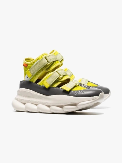 Shop Versace Lime Green Chain Reaction High Top Leather Trim Sneakers