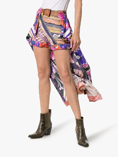 Shop Chloé Floral Print Scarf Detail Silk Shorts In 6za Multicolour