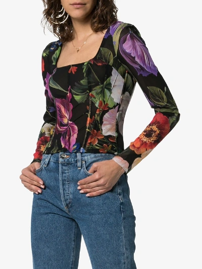 Shop Dolce & Gabbana Voile Floral Print Long-sleeved Silk Blend Top In Multicoloured