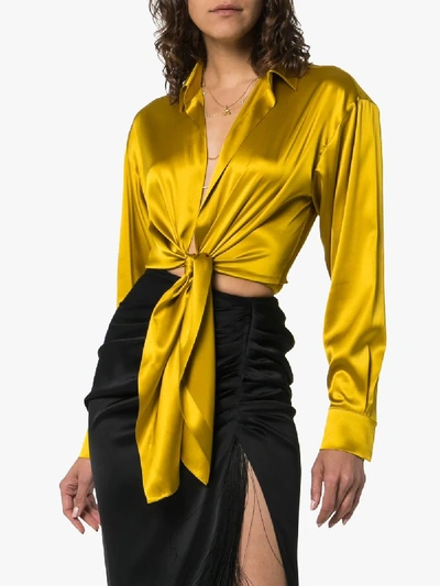 Shop Alexandre Vauthier Front Tie Cropped Silk Shirt In Yellow