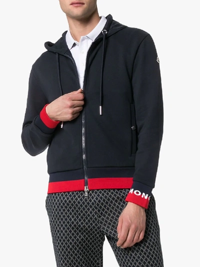 Shop Moncler Logo Cuff Cotton Hoodie In Blue