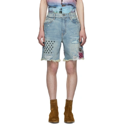 Shop Amiri Indigo Denim Art Patch Shorts In Inv Vtg Ind