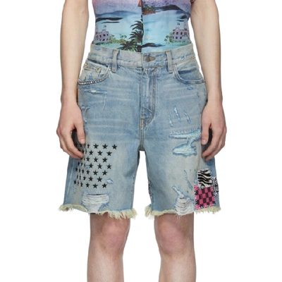 Shop Amiri Indigo Denim Art Patch Shorts In Inv Vtg Ind