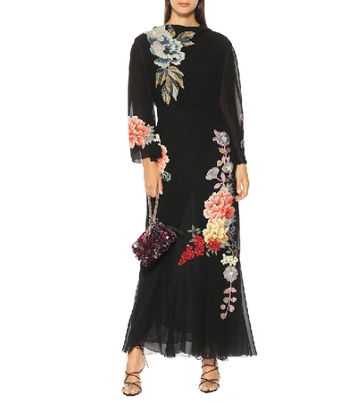 Shop Etro Embroidered Silk Maxi Dress In Black