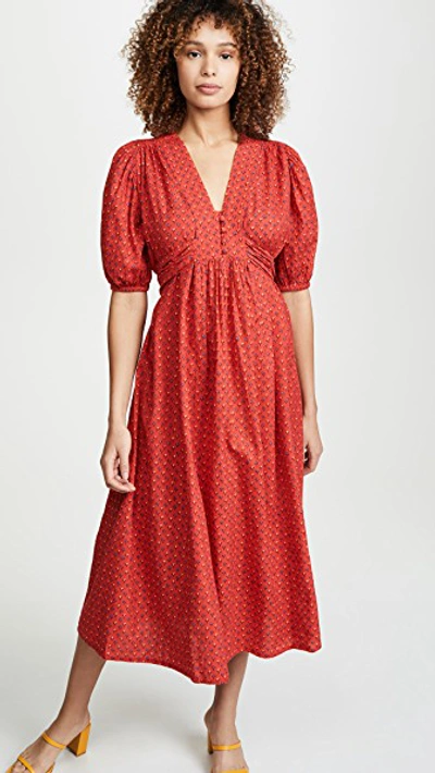M.i.h Jeans Avery Tulip Printed Cotton Blend Midi Dress In Red | ModeSens
