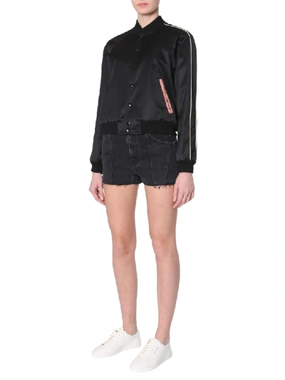 Shop Saint Laurent Satin Varsity Jacket In Nero