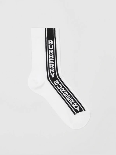 Shop Burberry Logo Stripe Intarsia Cotton Blend Socks In White