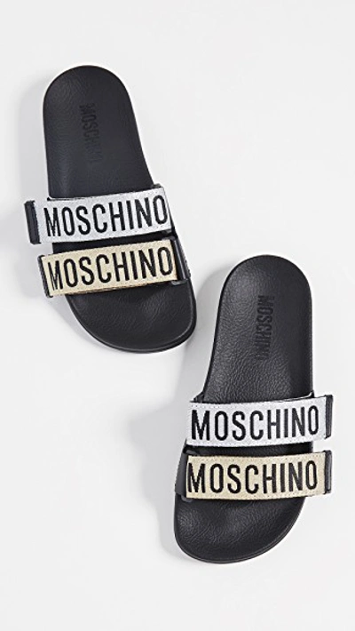 Shop Moschino Two Band Slide Sandals In Silver/gold