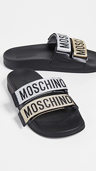 Shop Moschino Two Band Slide Sandals In Silver/gold