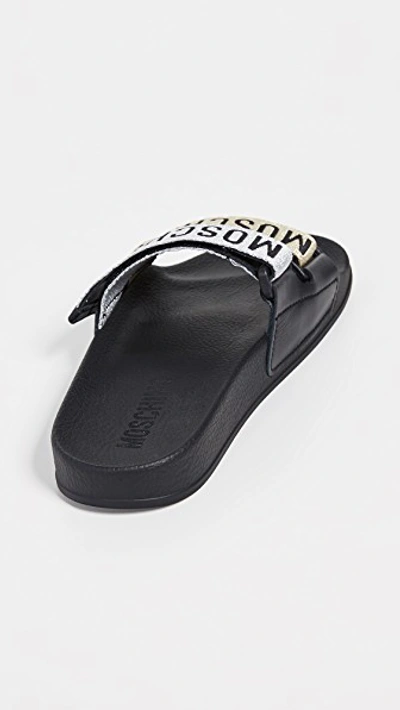 Shop Moschino Two Band Slide Sandals In Silver/gold