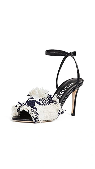 Shop Monse Strappy Tweed Sandals In Ivory/navy