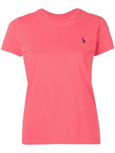 Shop Polo Ralph Lauren Logo Embroidered Crew Neck T-shirt - Pink