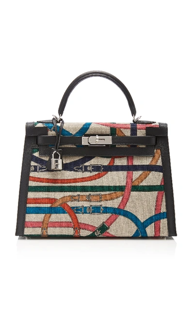 Shop Hermã¨s Vintage By Heritage Auctions Hermès 32cm Black And Printed Swift Leather And Toile Limited Edition "cavalcadour" Kelly In Multi