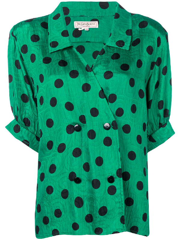 green and black polka dot blouse
