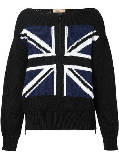 Shop Burberry Zip Detail Union Jack Intarsia Cotton Sweater - Black
