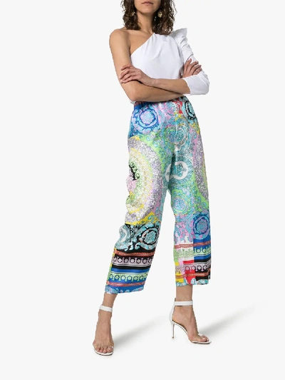 Shop Versace High-waisted Wide-leg Cropped Silk Trousers In A7000 Multicolor