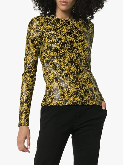 Shop Markoo Floral-print Faux-leather Top In Black