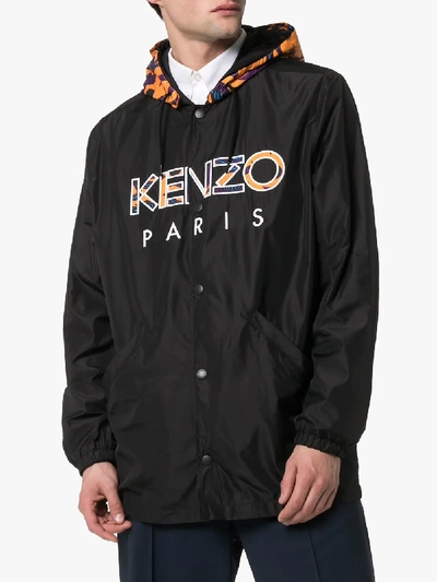 Shop Kenzo Logo Embroidered Hooded Windbreaker Jacket In Black