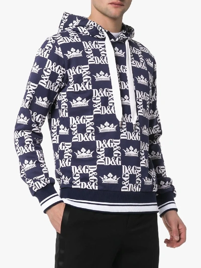 Shop Dolce & Gabbana Blue And White Crown And Logo Cotton Hoodie In Hby47 Blue