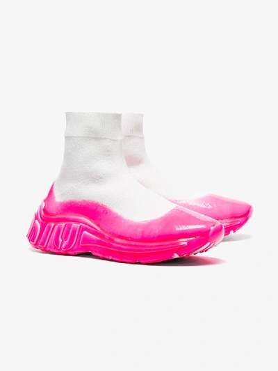 Shop Miu Miu White Coated Sock Sneakers In F0o8p Bianco Rosa Fluo