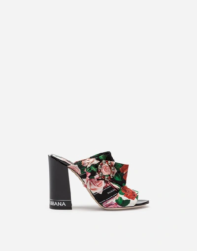 Shop Dolce & Gabbana Printed Charmeuse Mules With Bejeweled Buckle In Floral Print